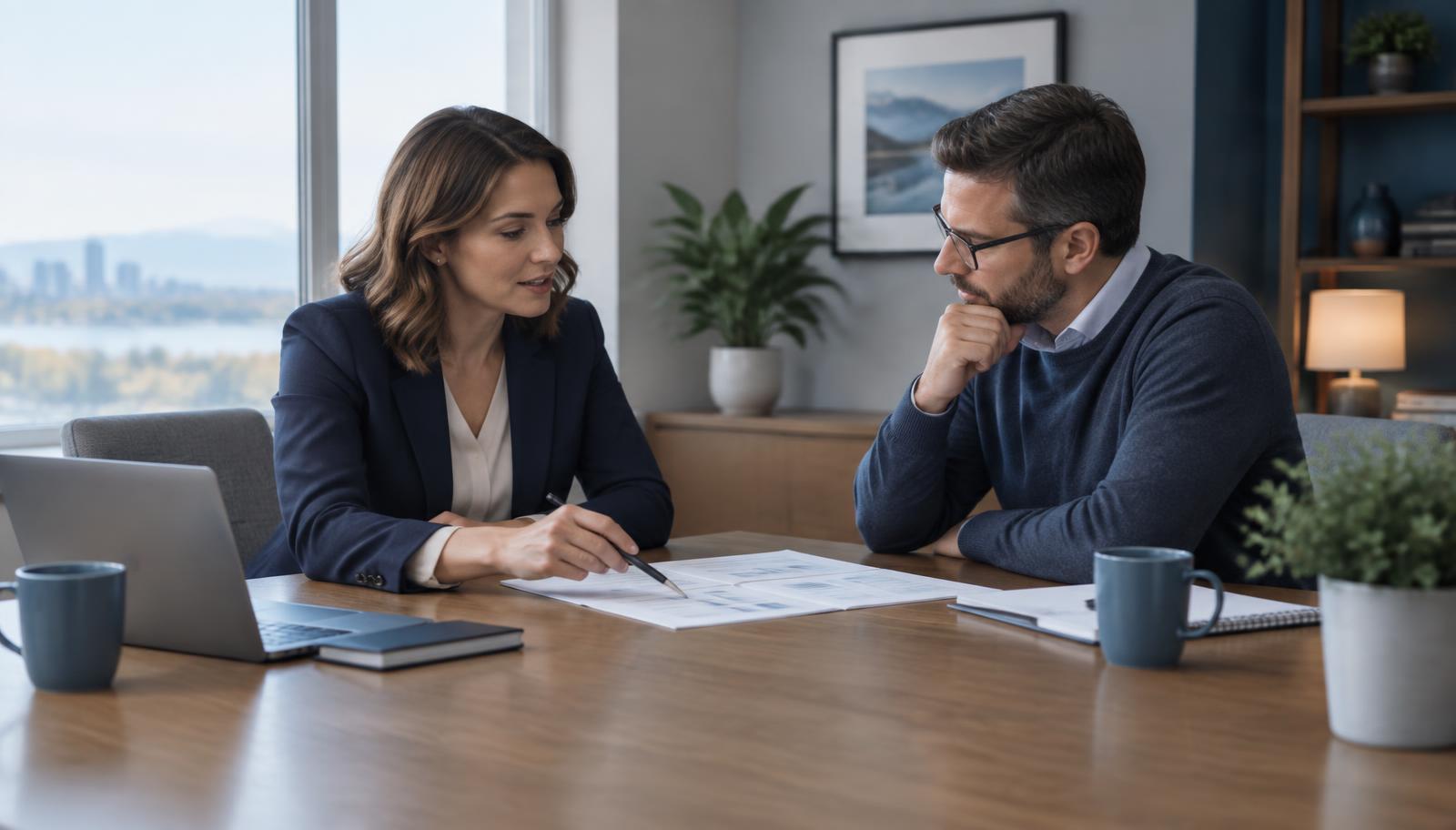 Financial advisor discussing a report with a business owner