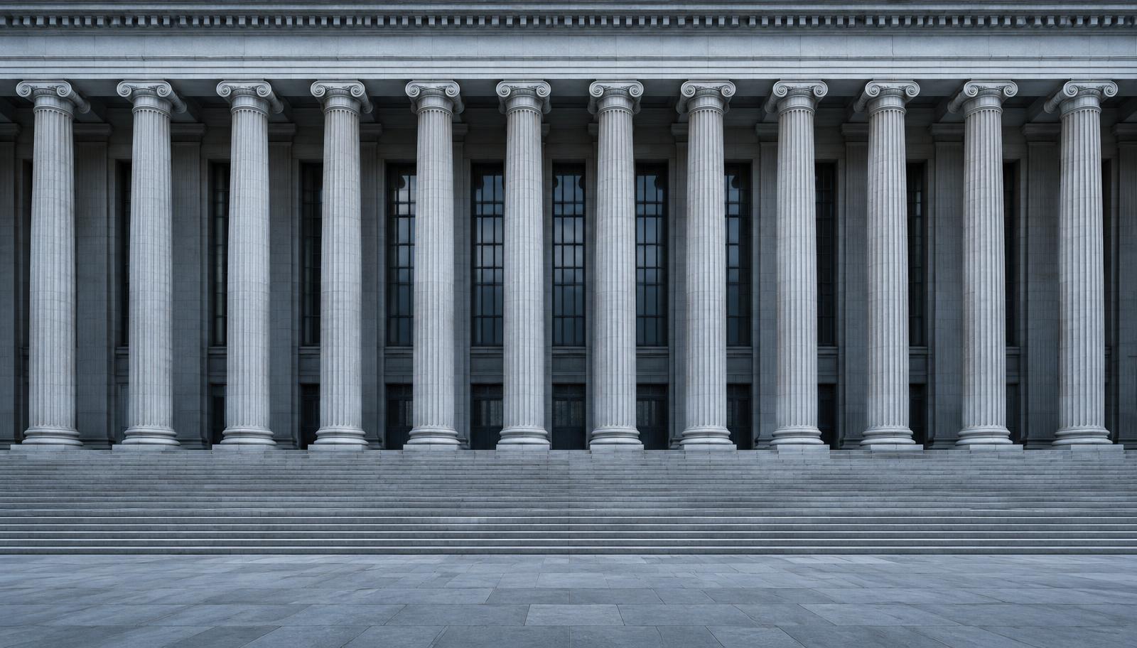 Courthouse colonnade symbolizing integrity and accountability