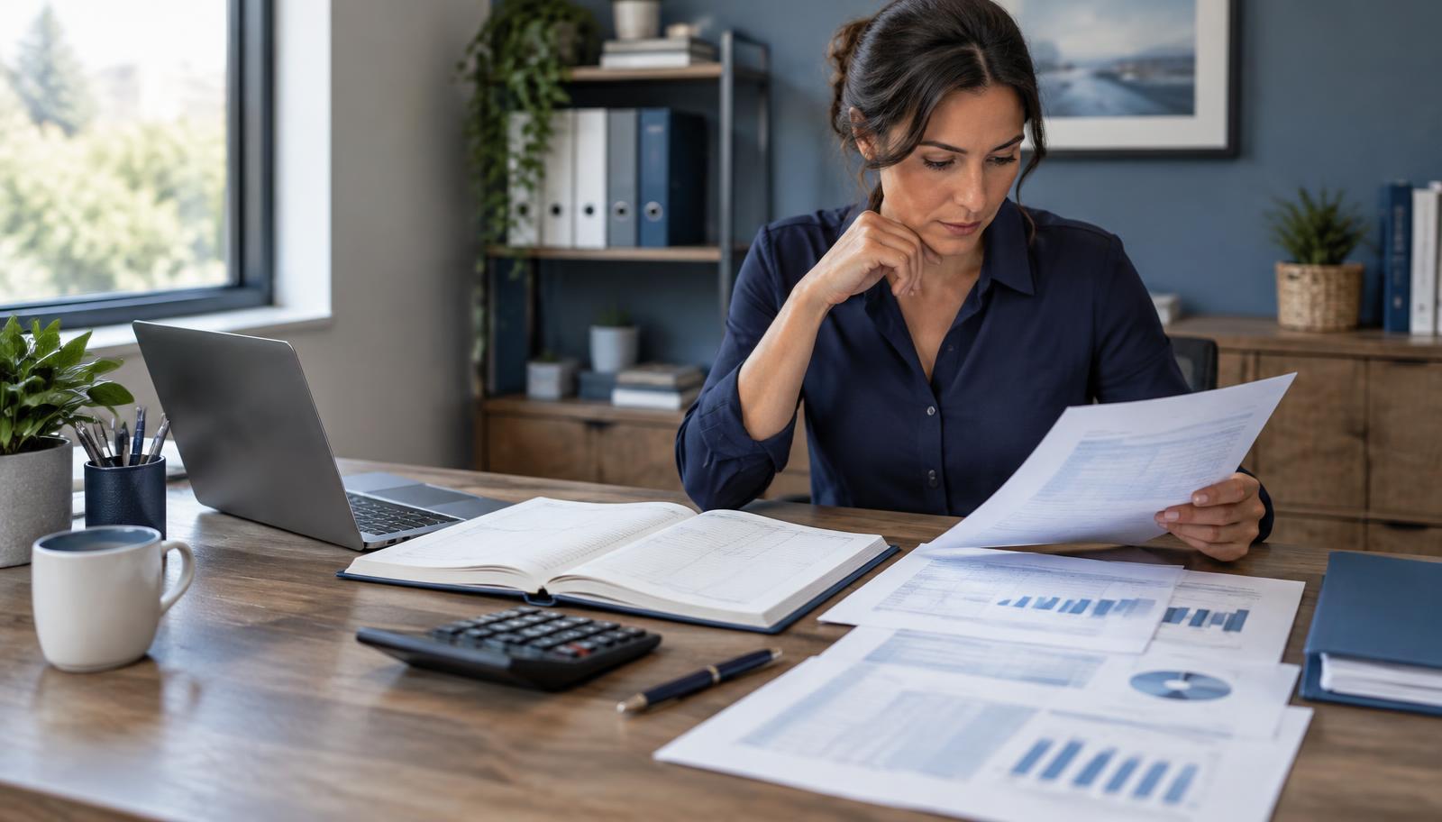 Business owner reviewing financial reports and bookkeeping records